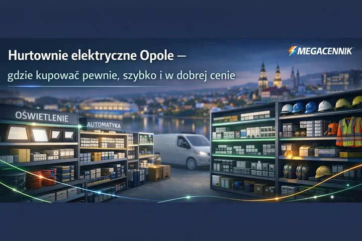 Regały z artykułami elektrycznymi: oświetlenie, kable, kaski i kamizelki, samochód dostawczy na tle miasta.