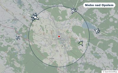 Mapa okolic miasta z sylwetkami samolotów — Niebo nad Opolem na żywo