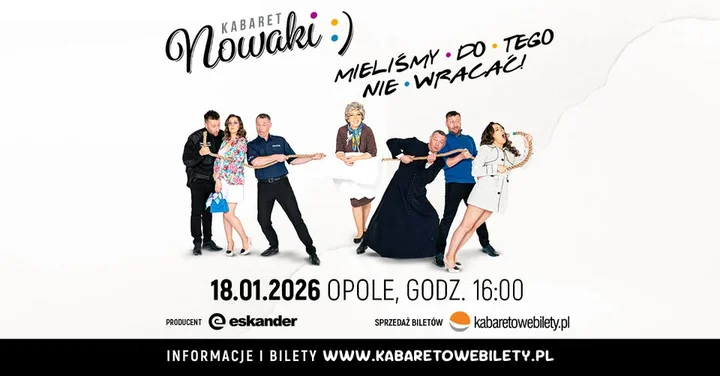 Obrazek przedstawia grafikę promocyjną wydarzenia Kabaret Nowaki w Opolu — nowy program na żywo