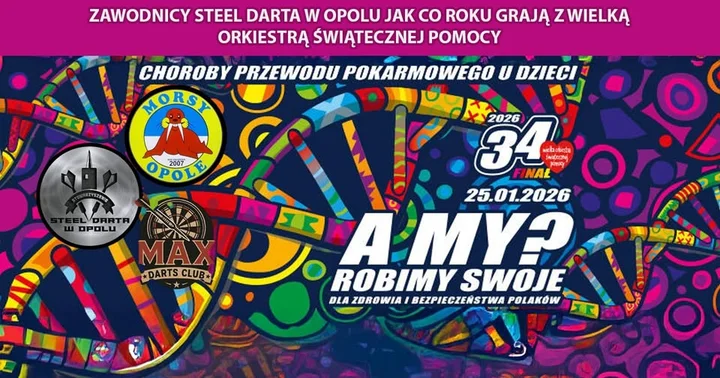 Grafika promocyjna wydarzenia 34 Finał Wielkiej Orkiestry Świątecznej Pomocy – Charytatywny Nierankingowy Turniej Klub (Steel Darta Opole)