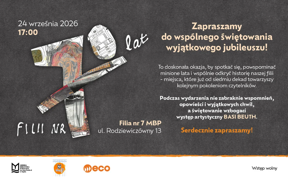 Grafika promocyjna wydarzenia 70-lecie Filii nr 7 Miejskiej Biblioteki Publicznej w Opolu