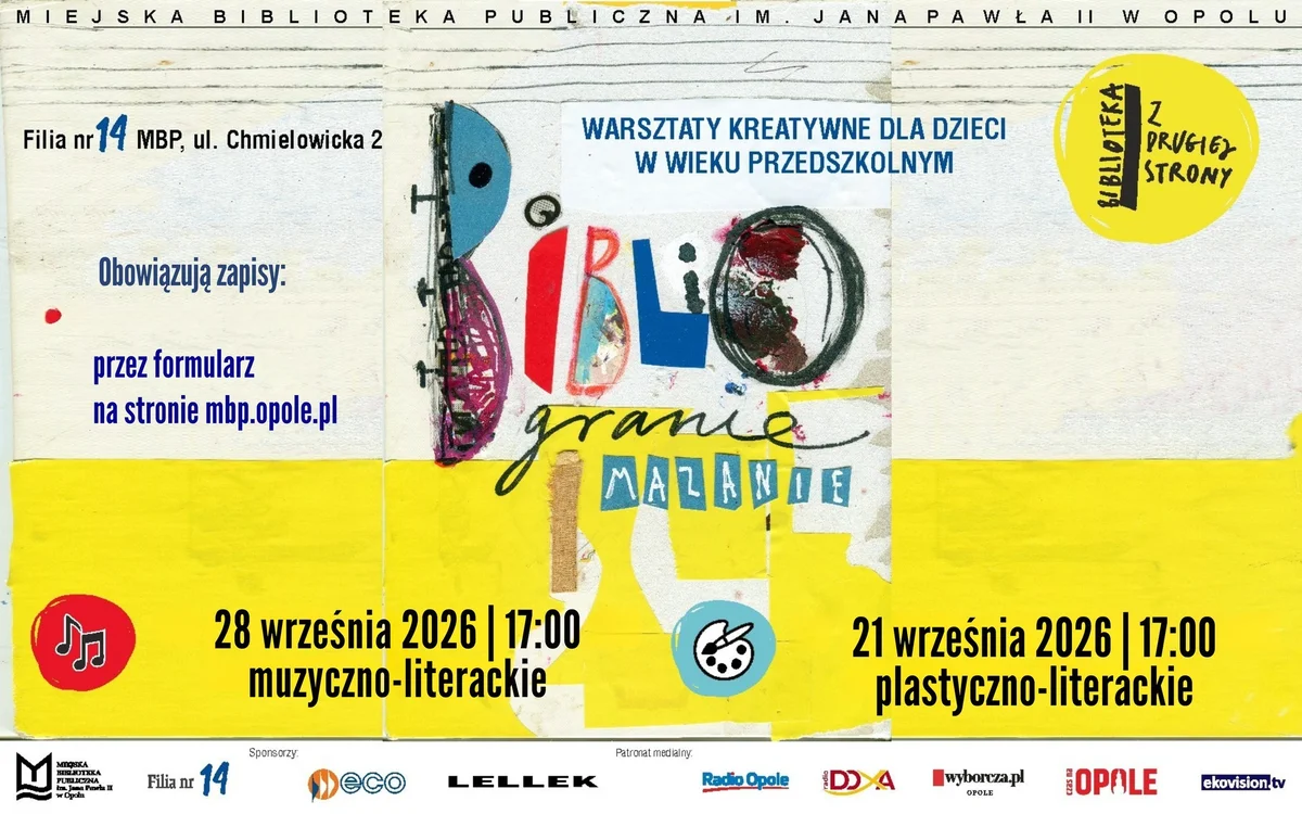 Grafika promocyjna wydarzenia Biblio-Granie i Mazanie – wrześniowe warsztaty