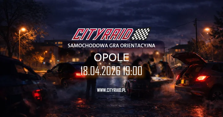 Grafika promocyjna wydarzenia CITYRAID Opole: samochodowa gra orientacyjna z nagrodami