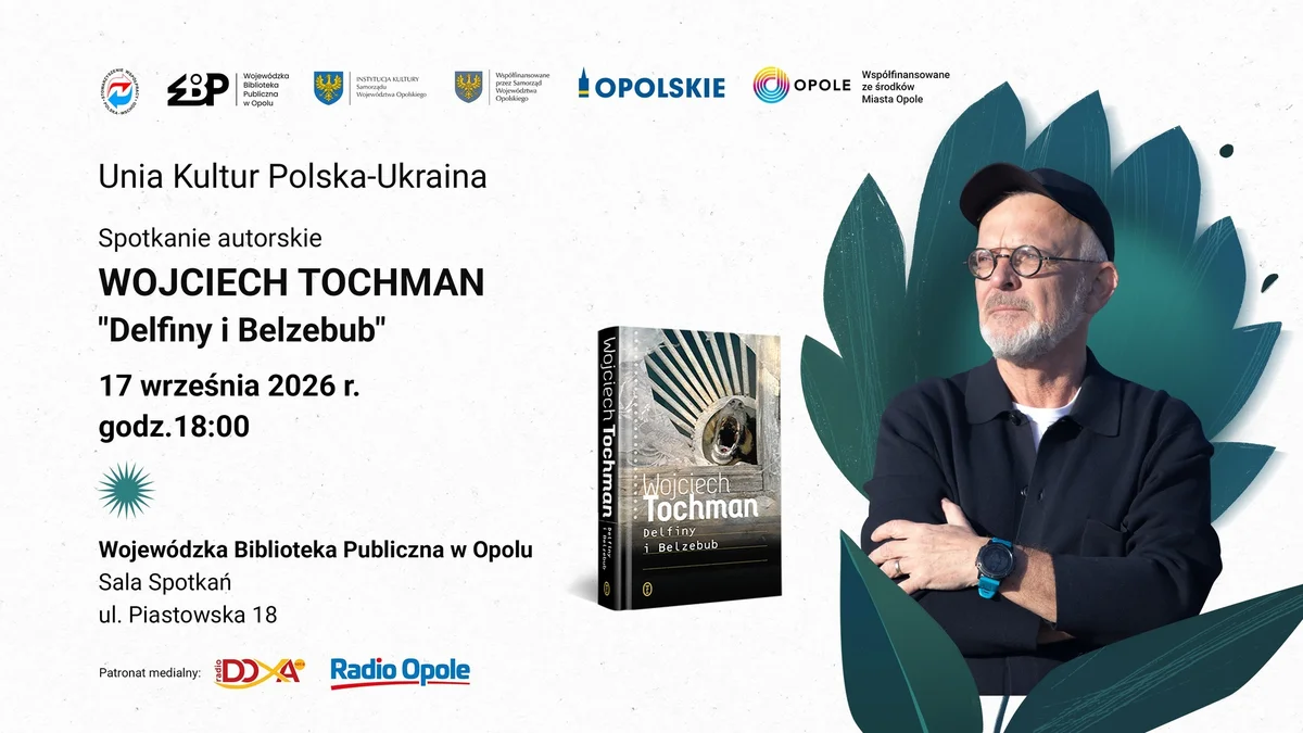 Grafika promocyjna wydarzenia „Delfiny i Belzebub” spotkanie autorskie