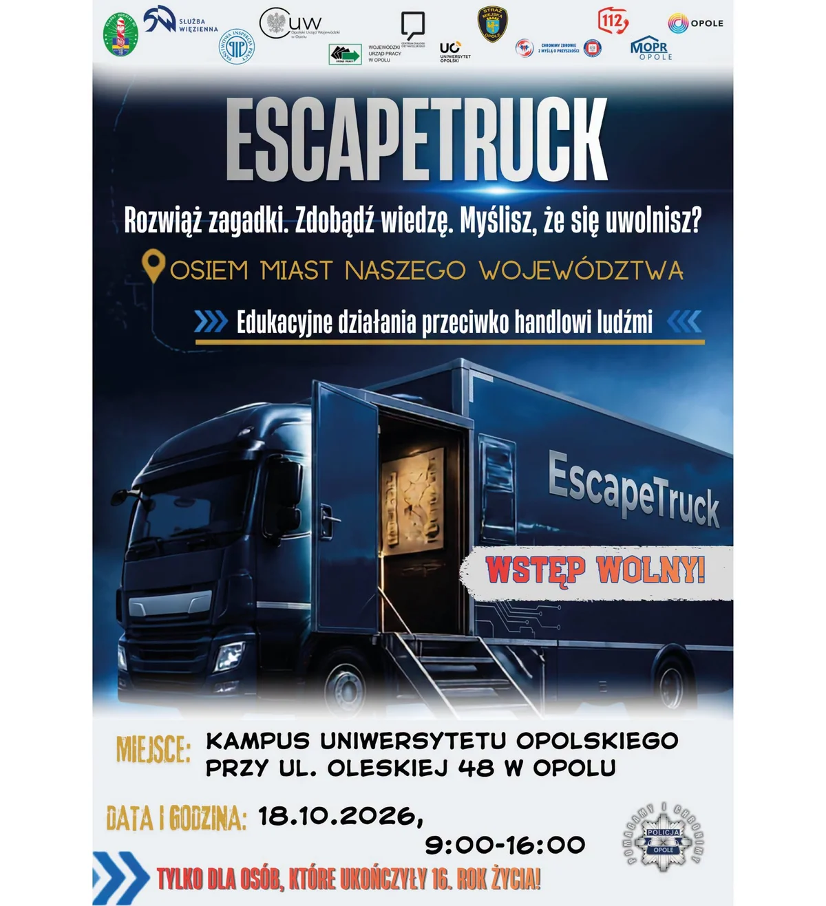 Grafika promocyjna wydarzenia EscapeTruck na Uniwersytecie Opolskim