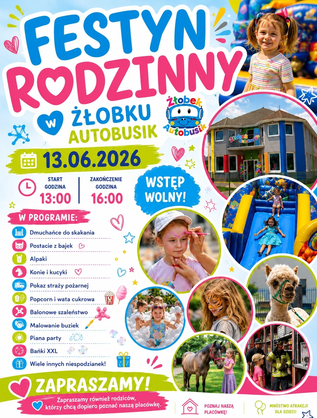 Grafika promocyjna wydarzenia Festyn Rodzinny w Żłobku Autobusik w Opolu – atrakcje dla dzieci i rodzin