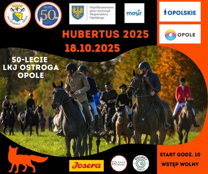 Obrazek przedstawia grafikę promocyjną wydarzenia Hubertus i 50-lecie LKJ Ostroga Opole — święto jeździeckie w Opolu