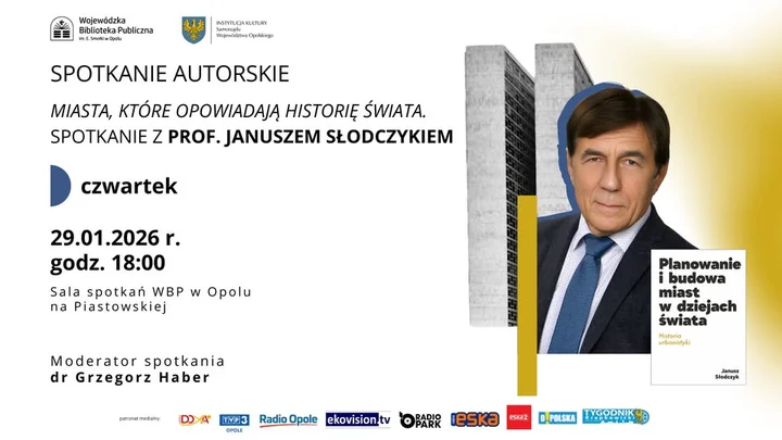 Grafika promocyjna wydarzenia Miasta, które opowiadają historię świata — spotkanie z prof. Januszem Słodczykiem