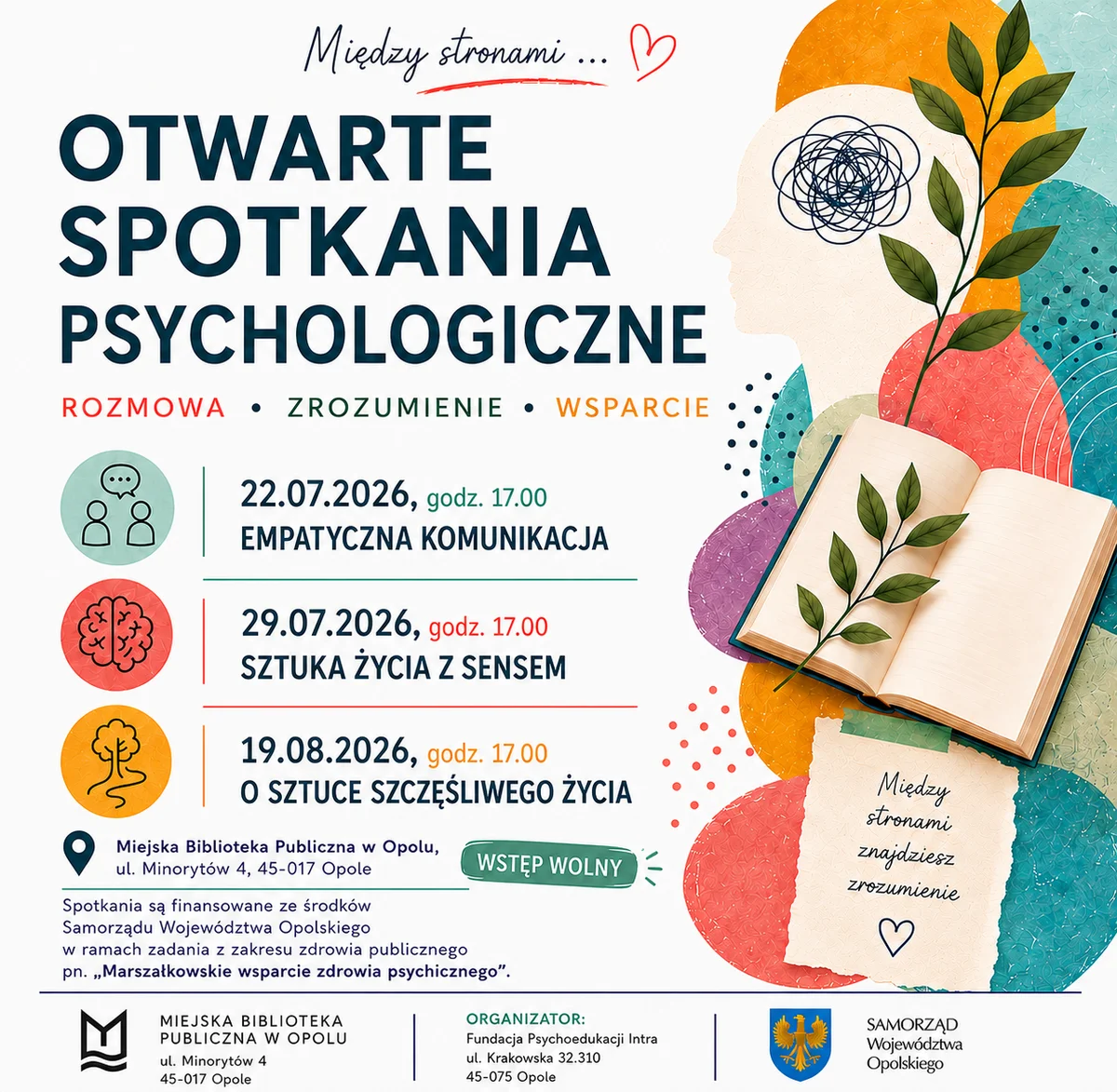 Grafika promocyjna wydarzenia Między stronami… Otwarte spotkania psychologiczne | O sztuce szczęśliwego życia