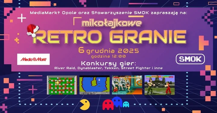 Grafika promocyjna wydarzenia Mikołajkowe retro granie w MediaMarkt Opole — gry, turnieje i spotkanie z retro komputerami