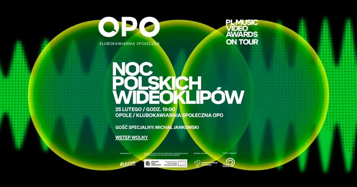 Grafika promocyjna wydarzenia Noc Polskich Wideoklipów w Opolu — pokazy najlepszych polskich teledysków