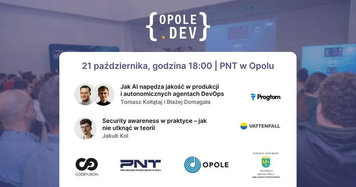 Obrazek przedstawia grafikę promocyjną wydarzenia Spotkanie branżowe IT w Opolu: prelekcje o AI, DevOps i bezpieczeństwie
