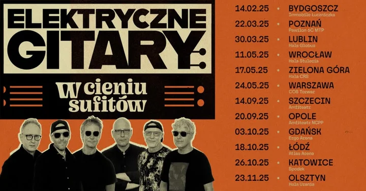 Obrazek przedstawia grafikę promocyjną wydarzenia Elektryczne Gitary w Opolu — koncert w Amfiteatrze Tysiąclecia