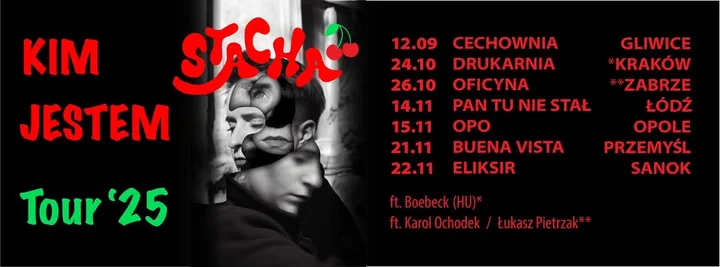 Obrazek przedstawia grafikę promocyjną wydarzenia Koncert Stachy w Opolu — jesienna trasa „Kim Jestem Tour”