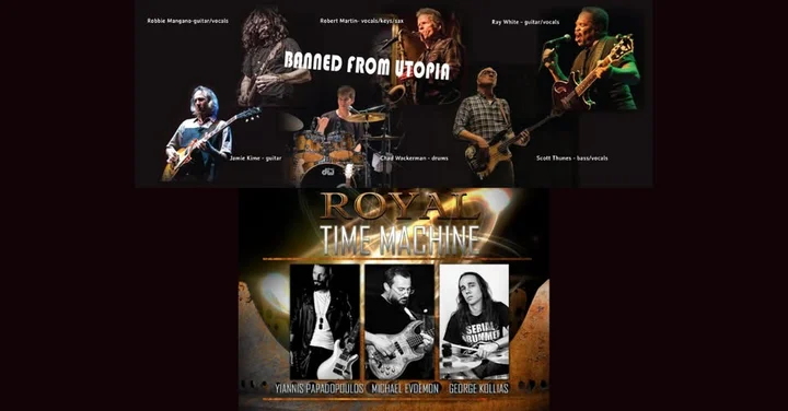 Obrazek przedstawia grafikę promocyjną wydarzenia Koncert: dwa zespoły – Royal Time Machine i Banned From Utopia w Opolu