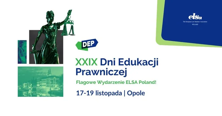 Grafika promocyjna wydarzenia XXIX Dni Edukacji Prawniczej w Opolu — praktyczna nauka prawa
