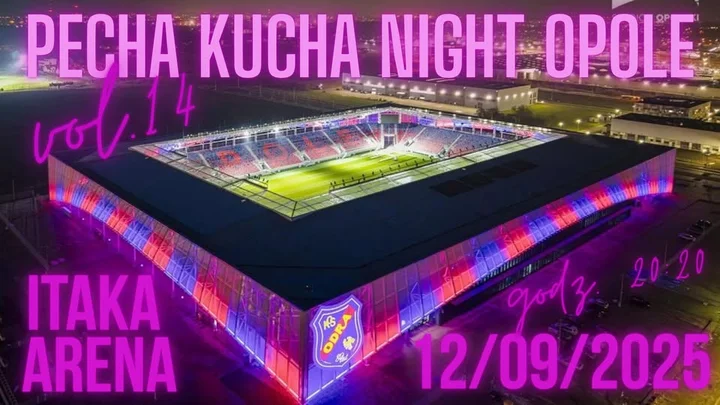 Obrazek przedstawia grafikę promocyjną wydarzenia Pecha Kucha Night w Opolu — szybkie prezentacje kreatywnych pomysłów