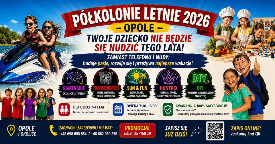 Grafika promocyjna wydarzenia PÓŁKOLONIE LETNIE 2026 w Akademii Edukacyjnej – Opole