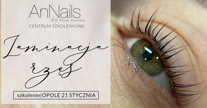 Grafika promocyjna wydarzenia Laminacja rzęs | AnNails Opole — kurs praktyczny dla stylistek