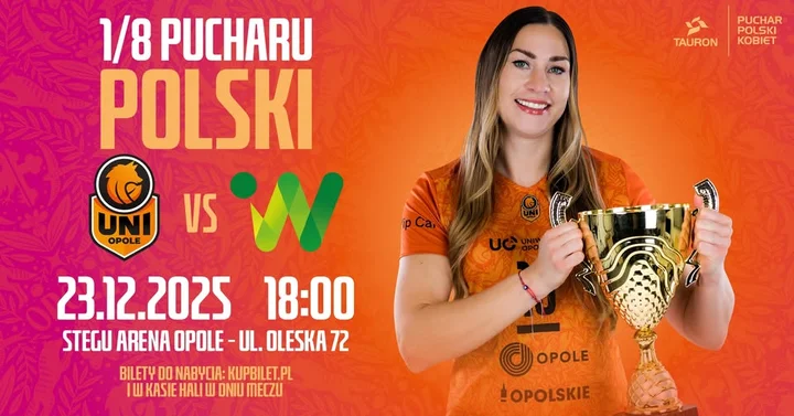 Grafika promocyjna wydarzenia TAURON Puchar Polski: UNI Opole — #Volley Wrocław w Stegu Arenie