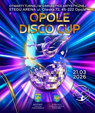 Grafika promocyjna wydarzenia OPOLE DISCO CUP 2026 — V Otwarte Zawody Gimnastyki Artystycznej w Opolu