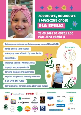 Grafika promocyjna wydarzenia Sportowe, kolorowe i magiczne Opole dla Emilki na Placu Jana Pawła II