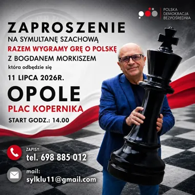 Grafika promocyjna wydarzenia Symultana Szachowa Opole 2026 na Placu Kopernika – szachowe emocje w centrum miasta