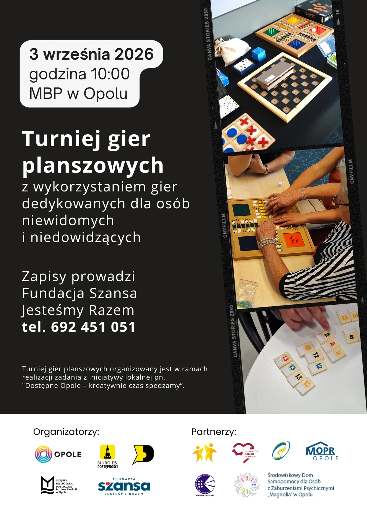 Grafika promocyjna wydarzenia Turniej gier planszowych z wykorzystaniem gier dedykowanych dla osób niewidomych i niedowidzących