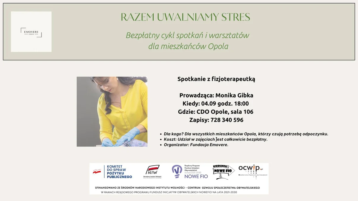 Grafika promocyjna wydarzenia Warsztaty z fizjoterapeutą w Opolu