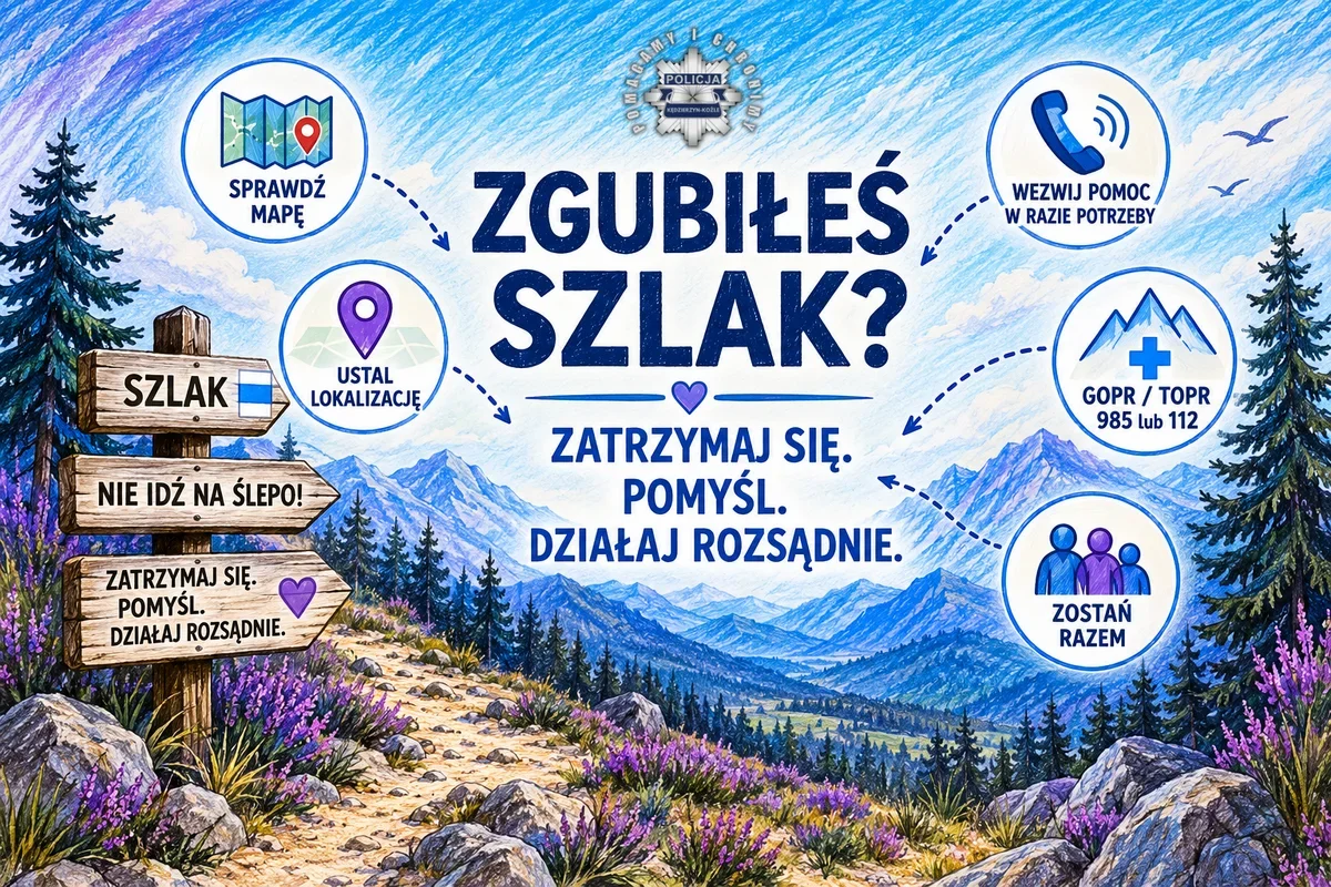 Plakat informacyjny polskiej policji zachęcający turystów górskich do zachowania rozsądku po zgubieniu szlaku.