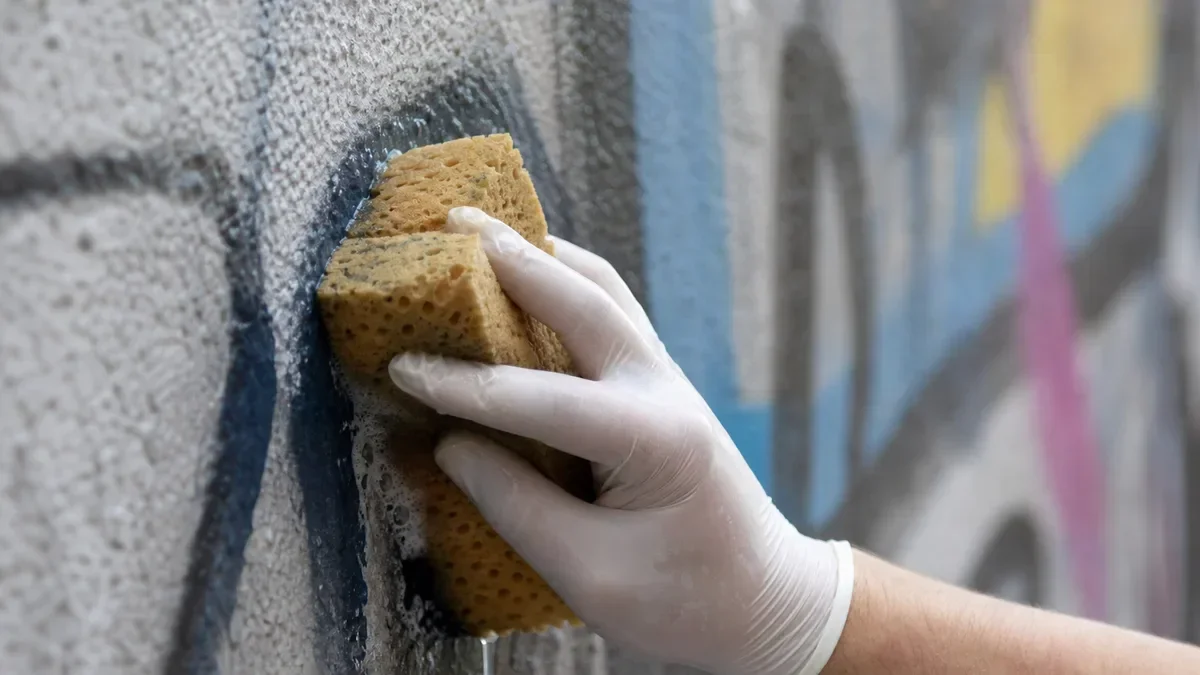 Ręka w białej rękawiczce trzyma gąbkę i czyści graffiti z betonowej ściany.