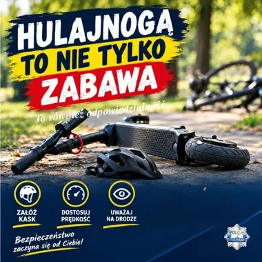Plakat policji w Prudniku o bezpieczeństwie na hulajnodze, na którym leży na ścieżce przewrócona hulajnoga, kask i w tle rower.