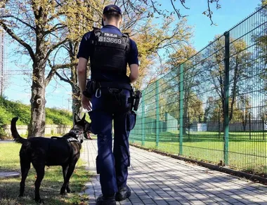 Policjant z psem służbowym patroluje brukowaną ścieżkę wzdłuż ogrodzonego terenu zielonego w słoneczny dzień.