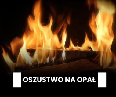 Płonące polana drewna w ognisku na ciemnym tle, z napisem informacyjnym na dole.