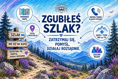 Plakat informacyjny polskiej policji zachęcający turystów górskich do zachowania rozsądku po zgubieniu szlaku.