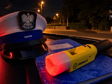 Policyjna czapka z orłem i napisem POLICJA, notatnik służbowy oraz alkomat PROMILER leżą na pojeździe podczas nocnej służby drogowej.