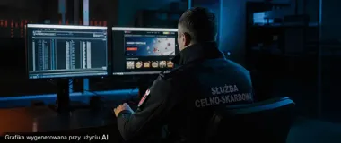 Funkcjonariusz Służby Celno-Skarbowej siedzi przy biurku z dwoma monitorami w ciemnym pomieszczeniu.