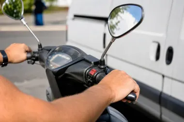 Kierowca skutera porusza się po drodze obok białego dostawczego samochodu, widok z perspektywy jego dłoni na kierownicy.
