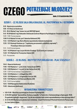 Plakat konferencji „Czego potrzebuje młodzież? 2.0” zaplanowanej na 22–23 października 2026 w Opolu, z programem wykładów, dyskusji i wydarzeń towarzyszących.