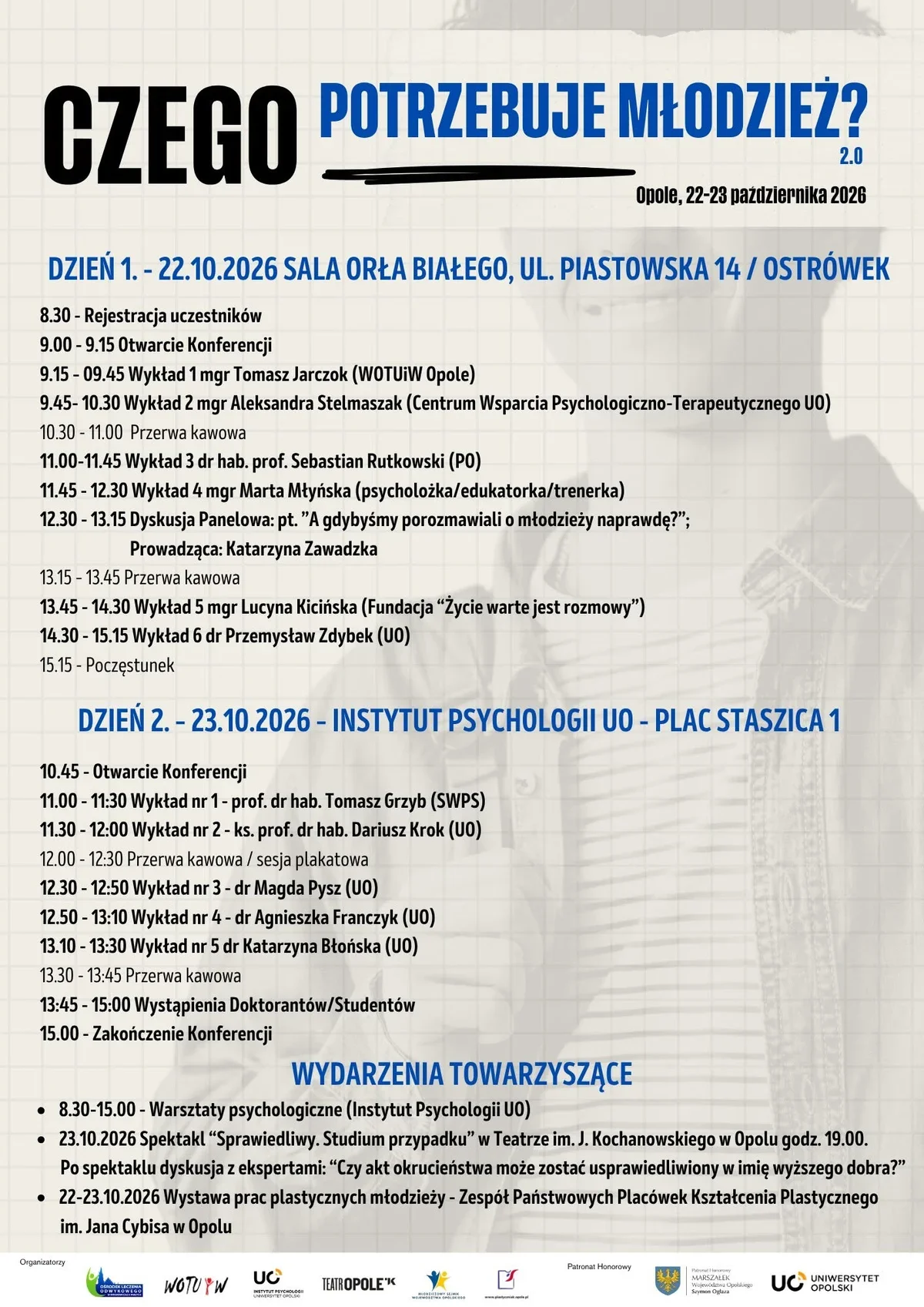 Plakat konferencji „Czego potrzebuje młodzież? 2.0” w Opolu w dniach 22-23 października 2026, z programem wykładów, dyskusji i wydarzeń towarzyszących.